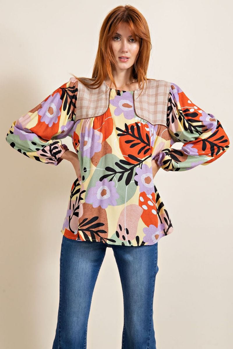 Easel Plus Mixed Print Crew Neck Loose Fit Tops