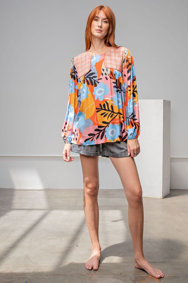 Easel Plus Mixed Print Crew Neck Loose Fit Tops