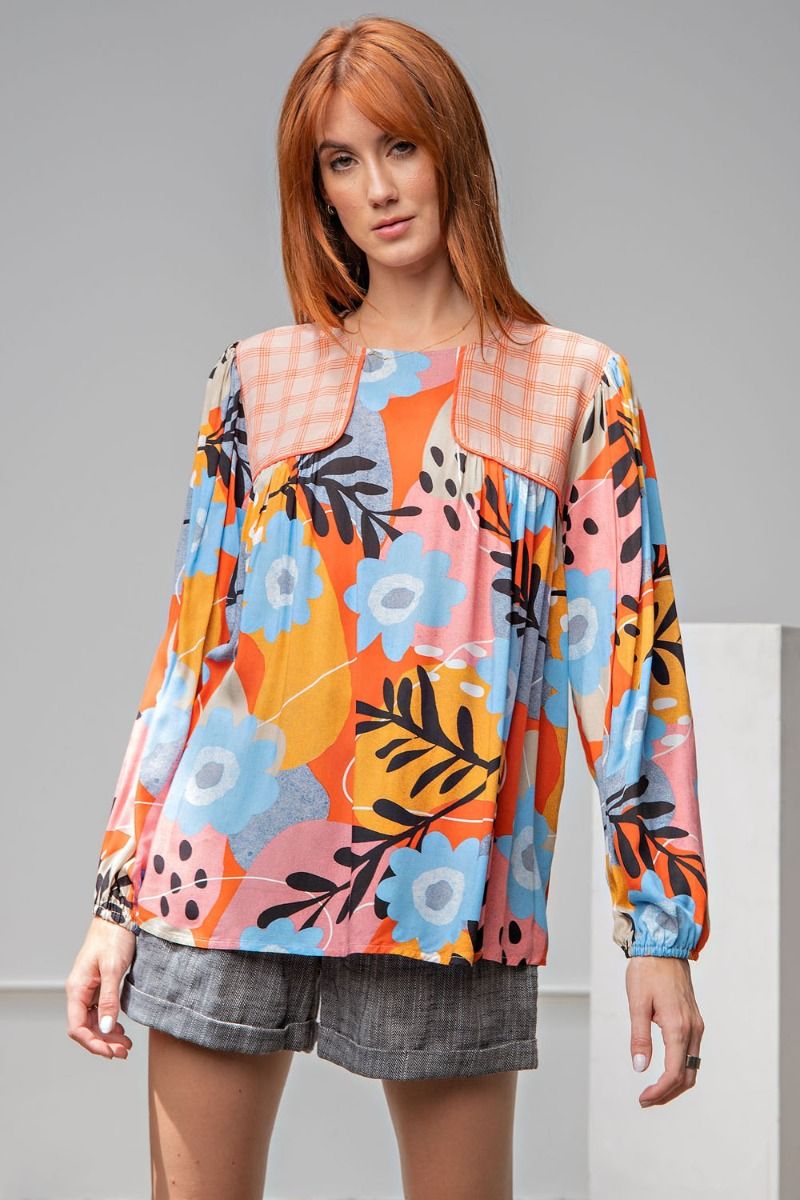 Easel Plus Mixed Print Crew Neck Loose Fit Tops