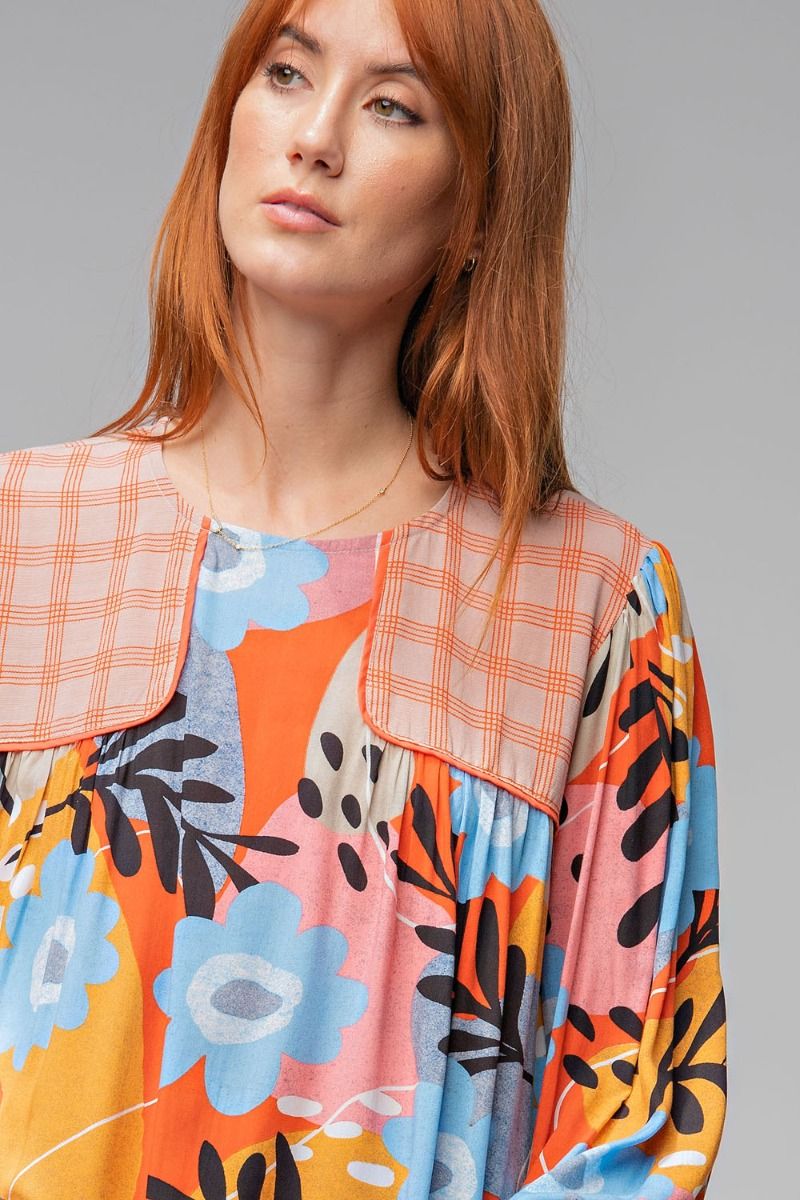 Easel Plus Mixed Print Crew Neck Loose Fit Tops