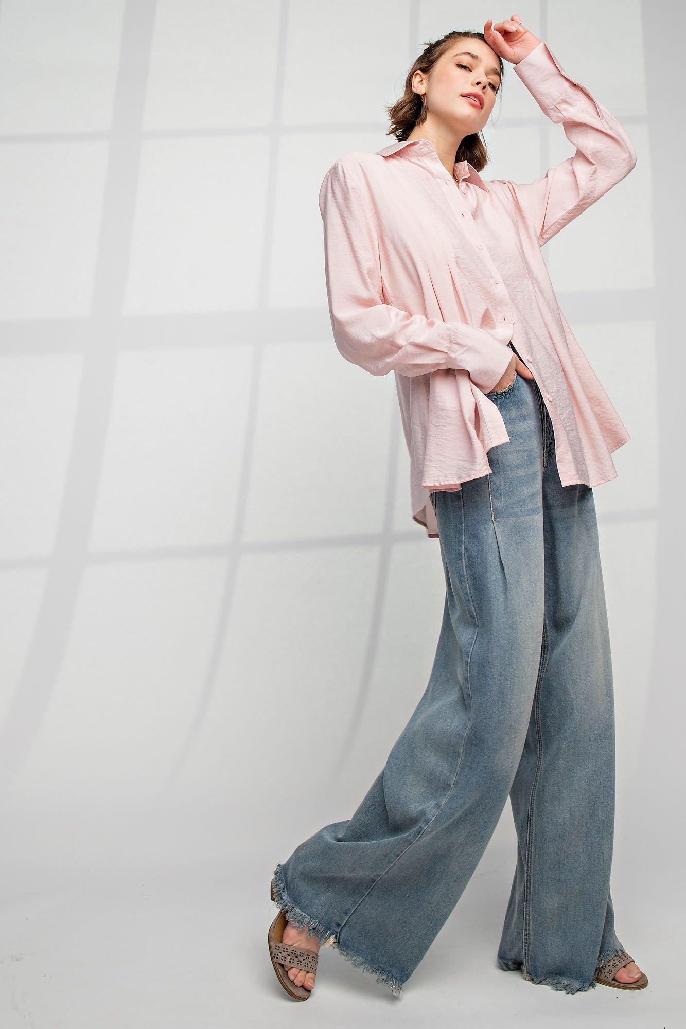 Easel Plus Pleated Button Down Long Sleeve Shirt Tops