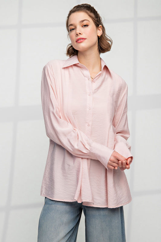 Easel Plus Pleated Button Down Long Sleeve Shirt Tops
