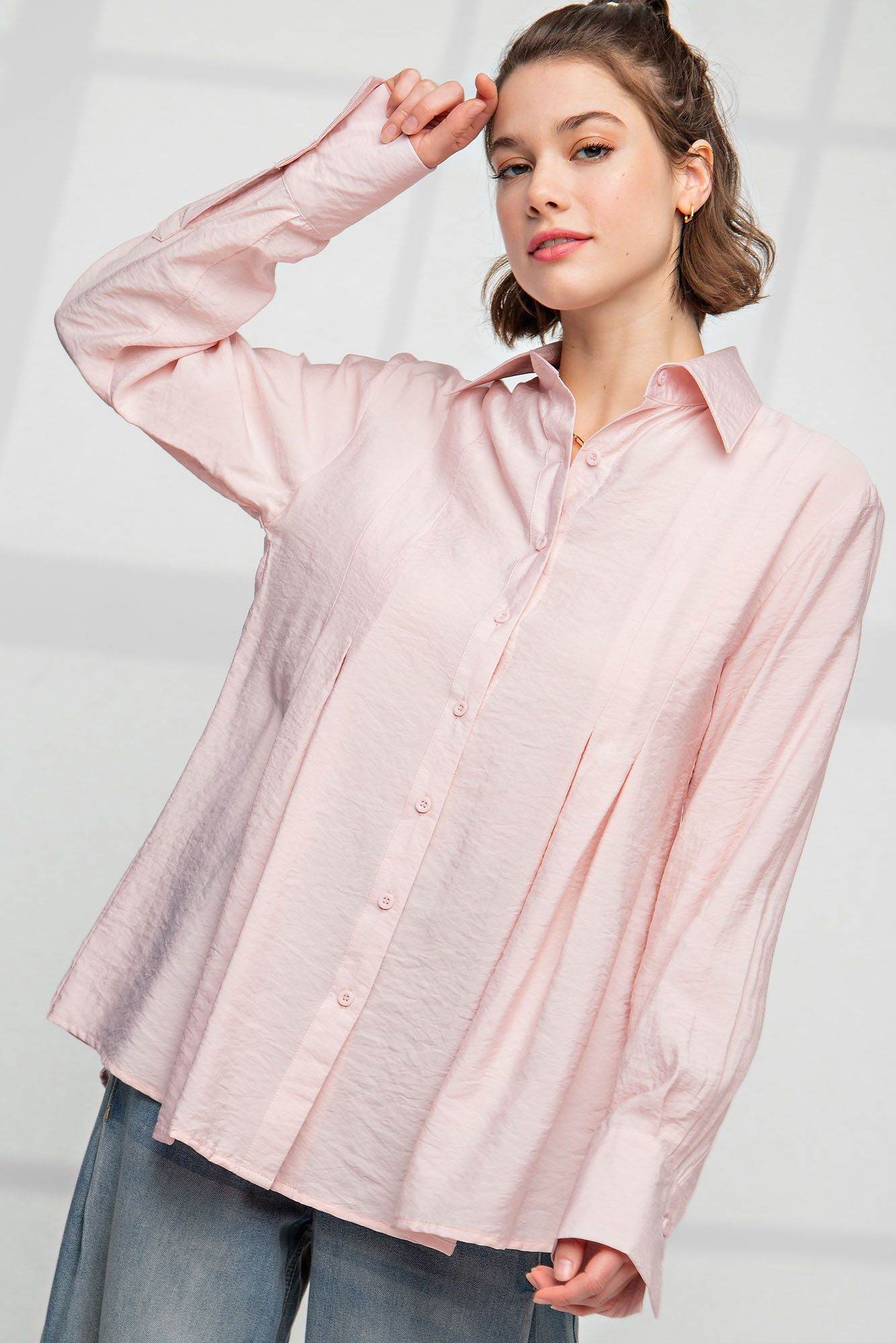 Easel Plus Pleated Button Down Long Sleeve Shirt Tops