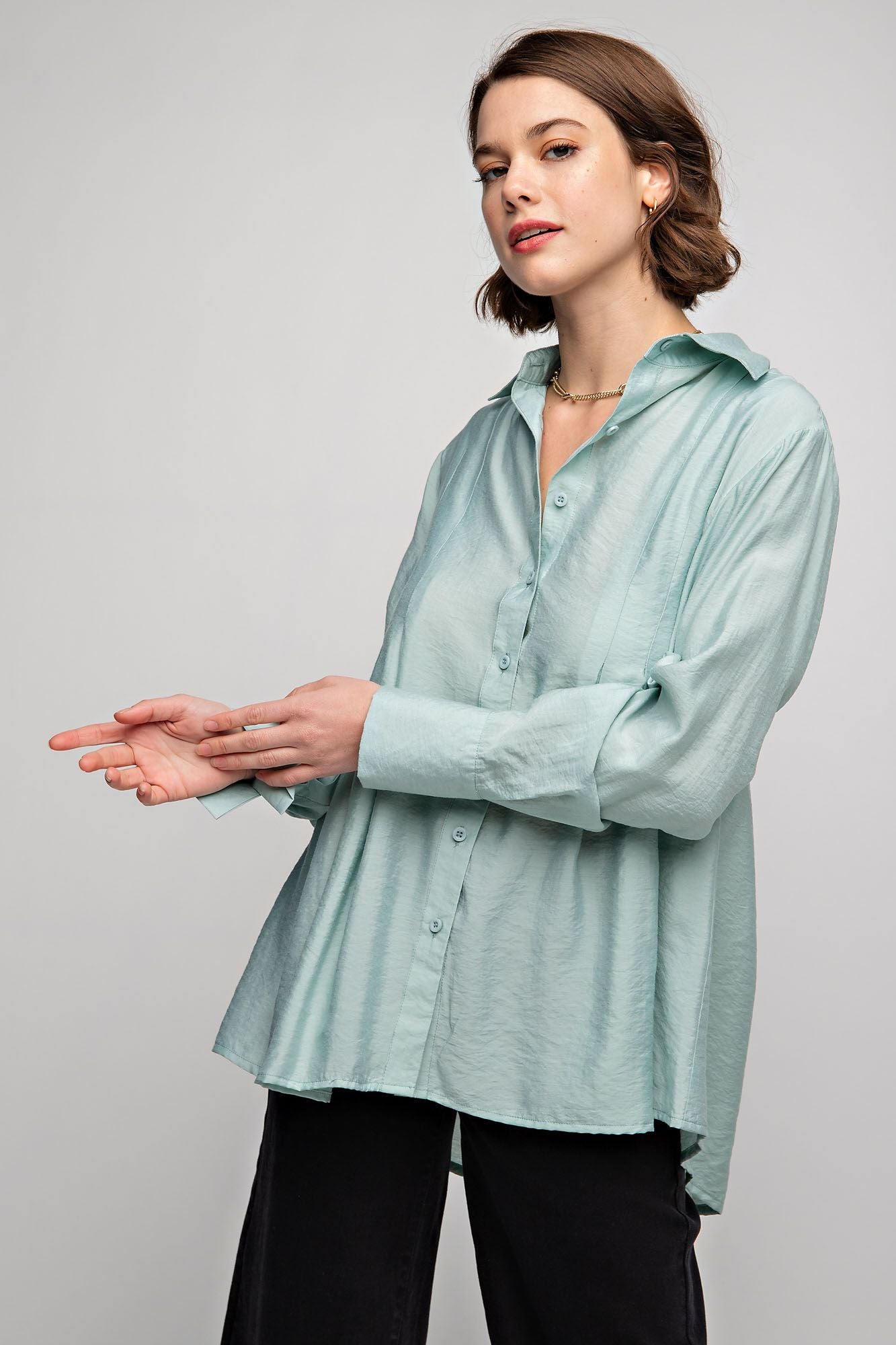 Easel Plus Pleated Button Down Long Sleeve Shirt Tops