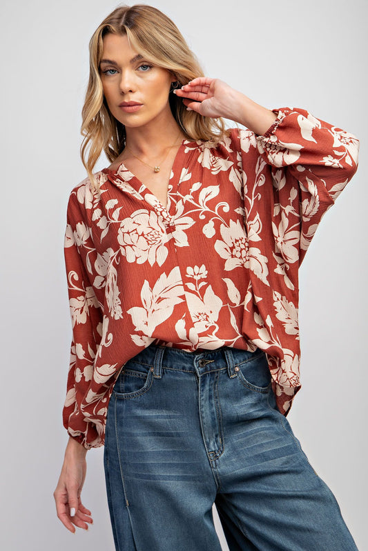 Easel Plus Elastic Cuffs Printed Peach Blossom Woven Tops