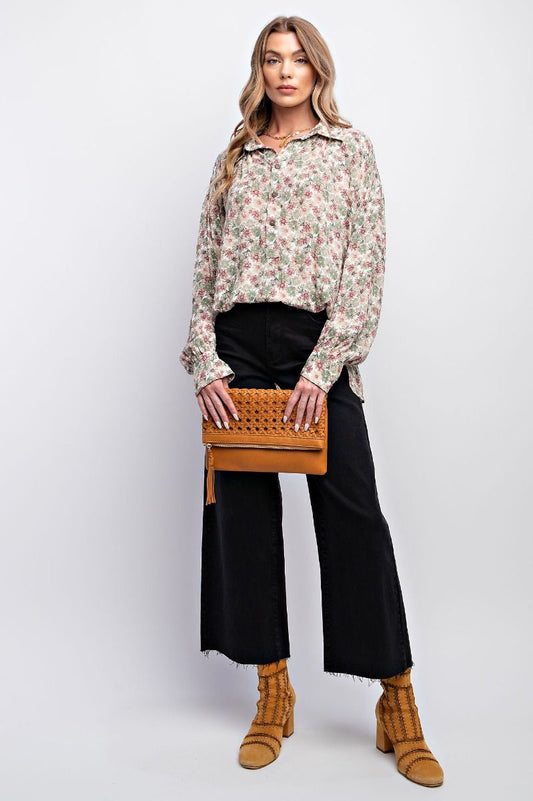 Easel Plus Floral Printed Gauze Button Down Shirt Tops
