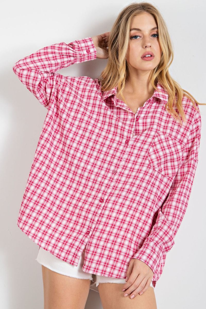 Easel Plus Plaid Crinkled Button Down Shirt Tops