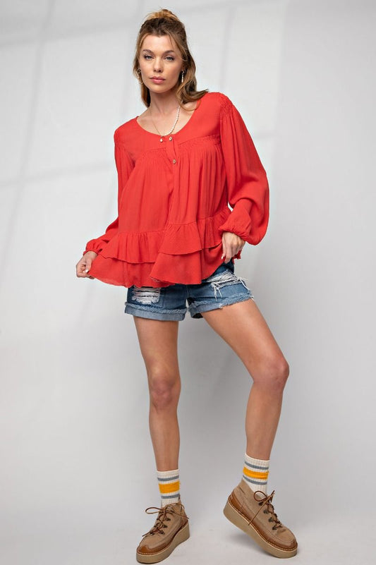 Easel Plus Elastic Cuffs Tiered Ruffle Gauze Tunic Tops