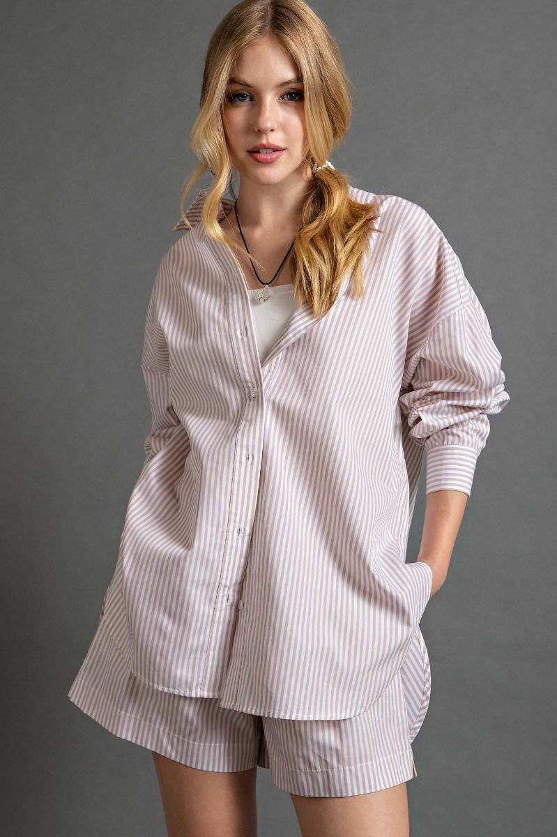 Easel Plus Striped Button Down Cotton Voile Bottom Hem Shirt Tops