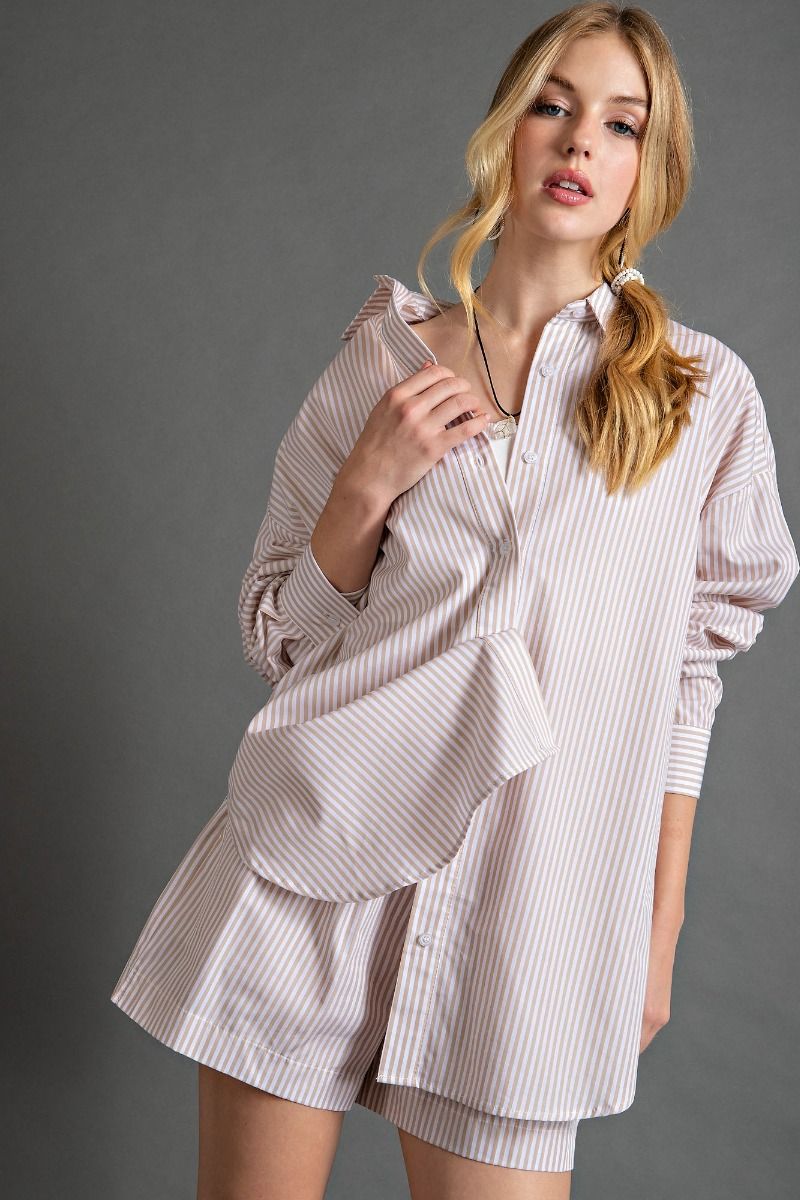 Easel Plus Striped Button Down Cotton Voile Bottom Hem Shirt Tops