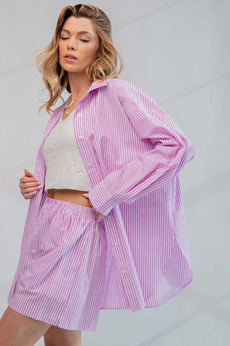 Easel Plus Striped Button Down Cotton Voile Bottom Hem Shirt Tops