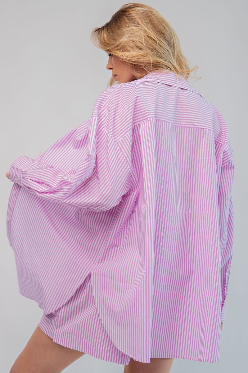 Easel Plus Striped Button Down Cotton Voile Bottom Hem Shirt Tops