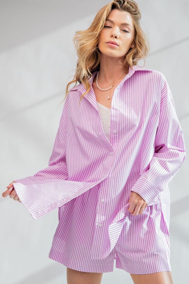 Easel Plus Striped Button Down Cotton Voile Bottom Hem Shirt Tops