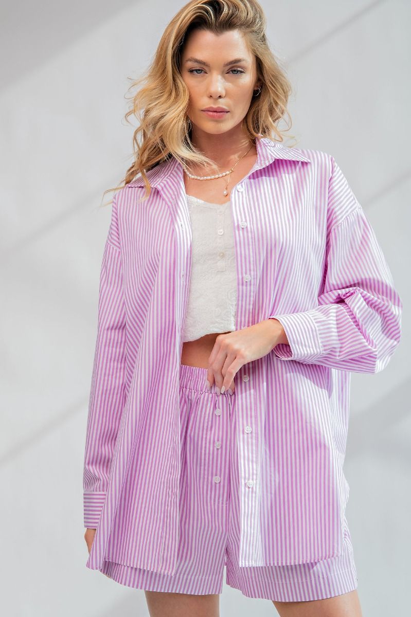 Easel Plus Striped Button Down Cotton Voile Bottom Hem Shirt Tops