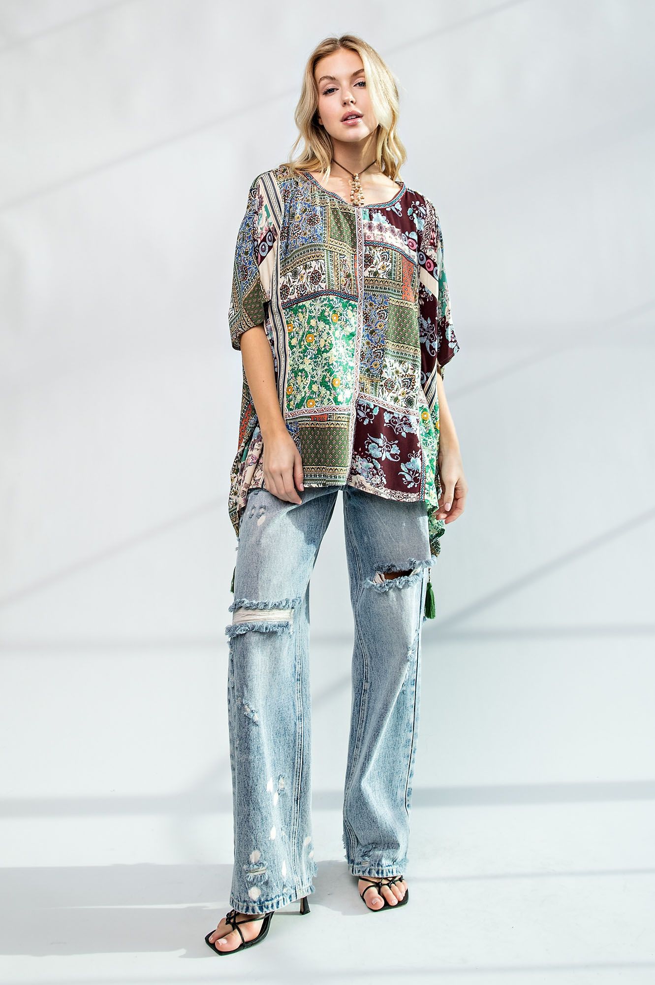 Easel Plus Boho Print Oversized Poncho Style Tops