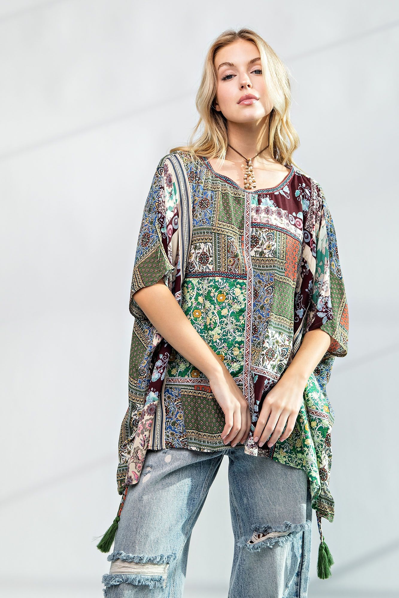 Easel Plus Boho Print Oversized Poncho Style Tops