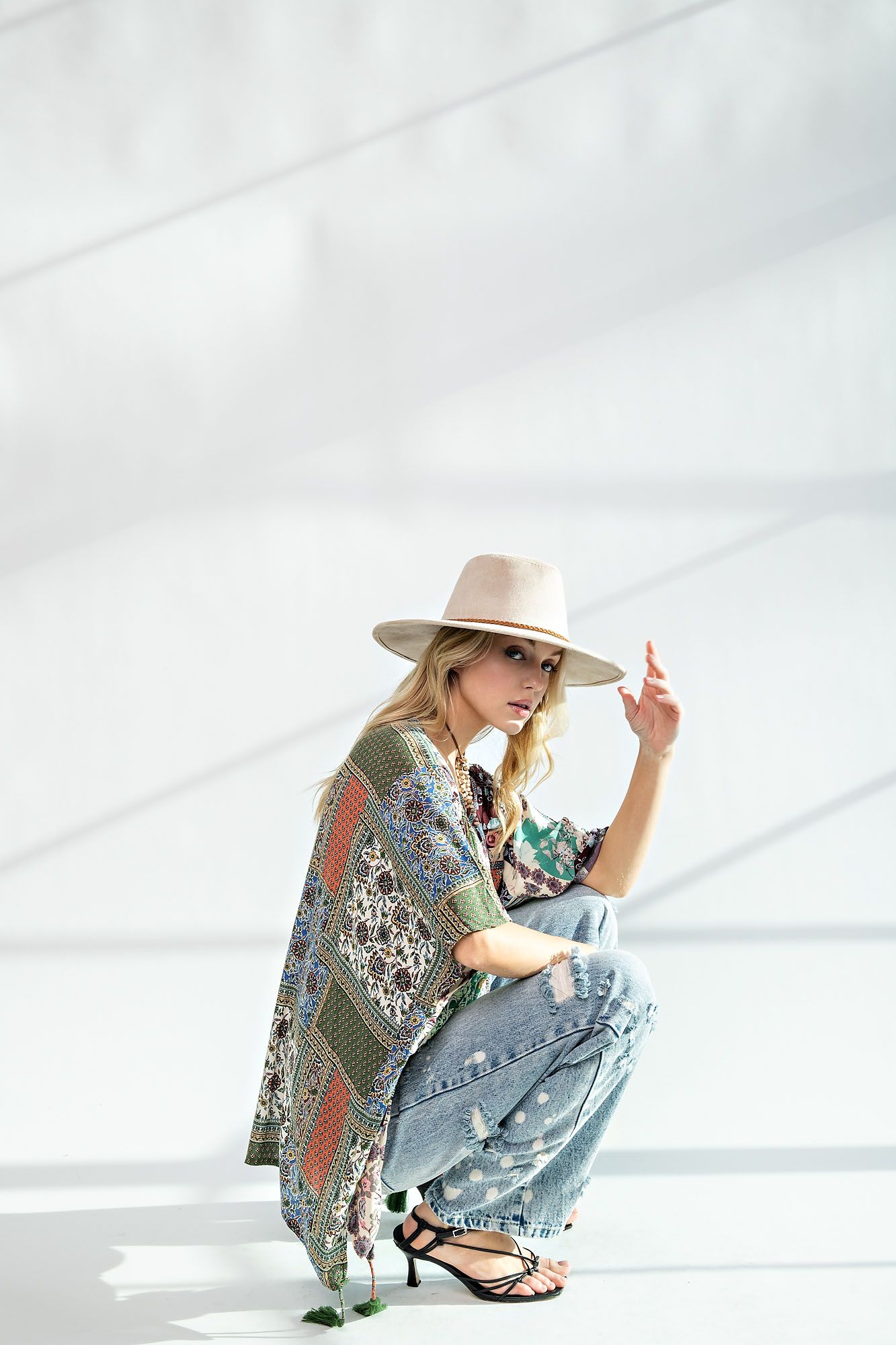 Easel Plus Boho Print Oversized Poncho Style Tops