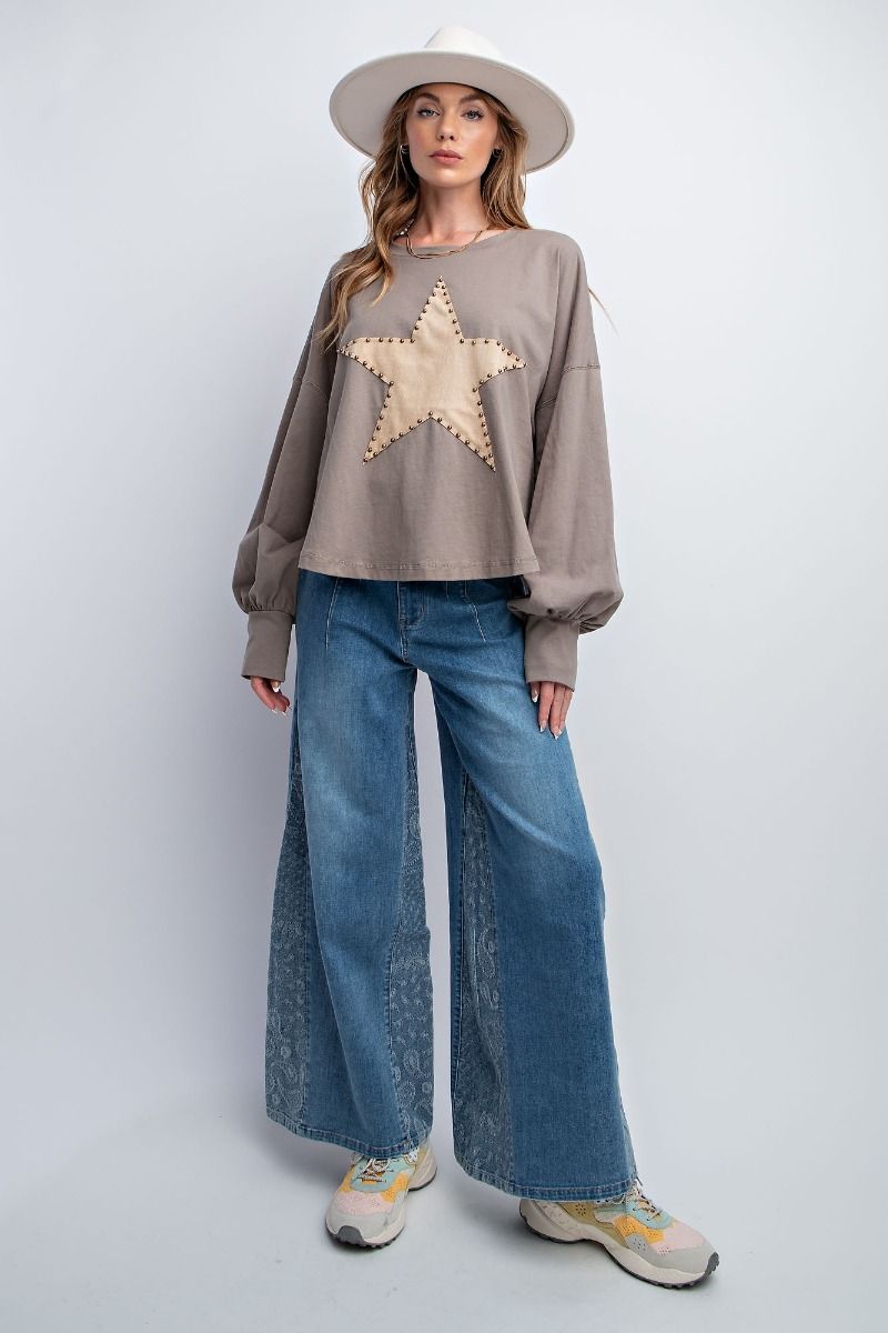 Easel Plus Suede Star Patch Cotton Jersey Rounded Neck Tops