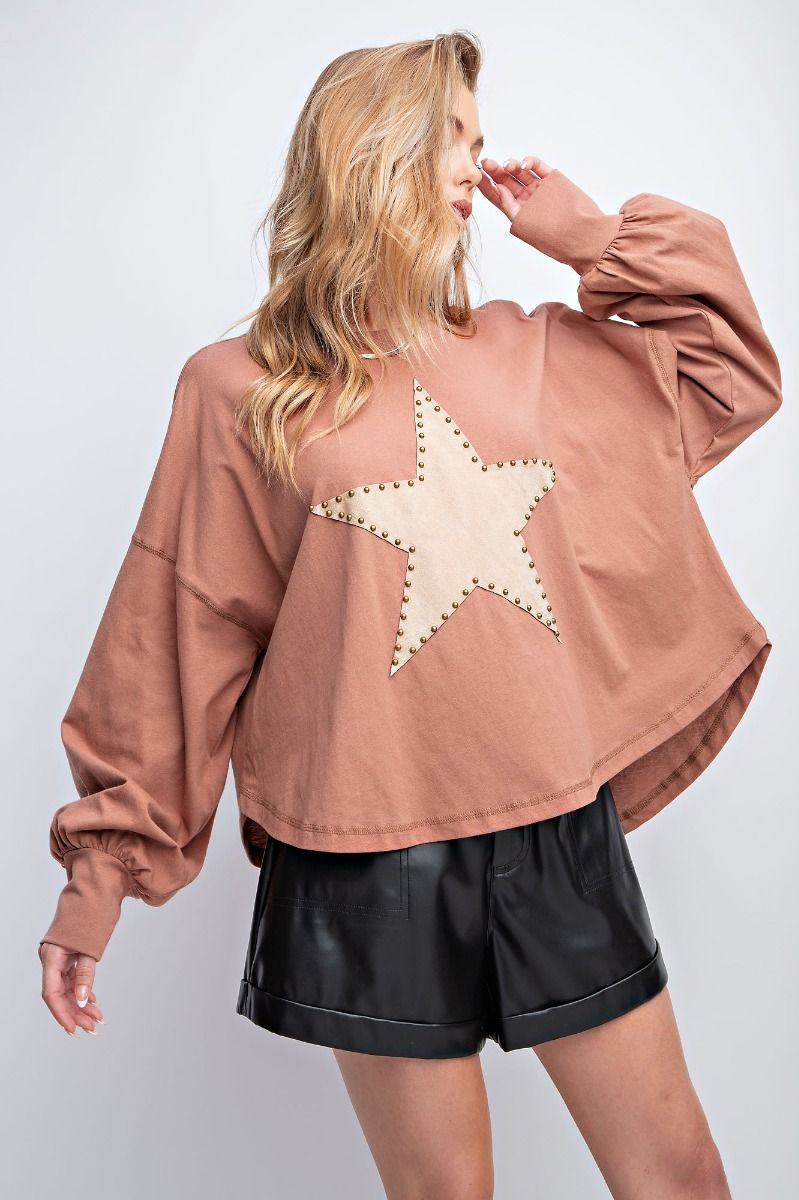 Easel Plus Suede Star Patch Cotton Jersey Rounded Neck Tops