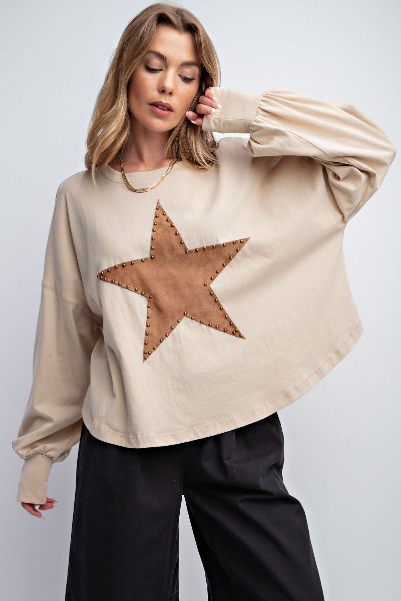 Easel Plus Suede Star Patch Cotton Jersey Rounded Neck Tops