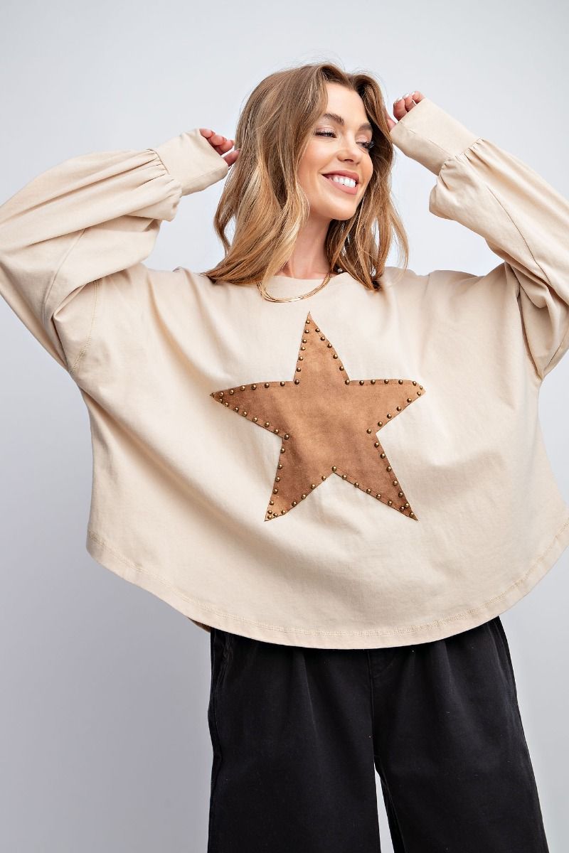 Easel Plus Suede Star Patch Cotton Jersey Rounded Neck Tops