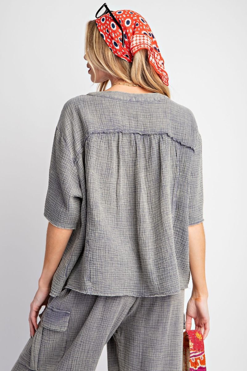 Easel Plus Mineral Washed Button Down Hi Low Hem Tops