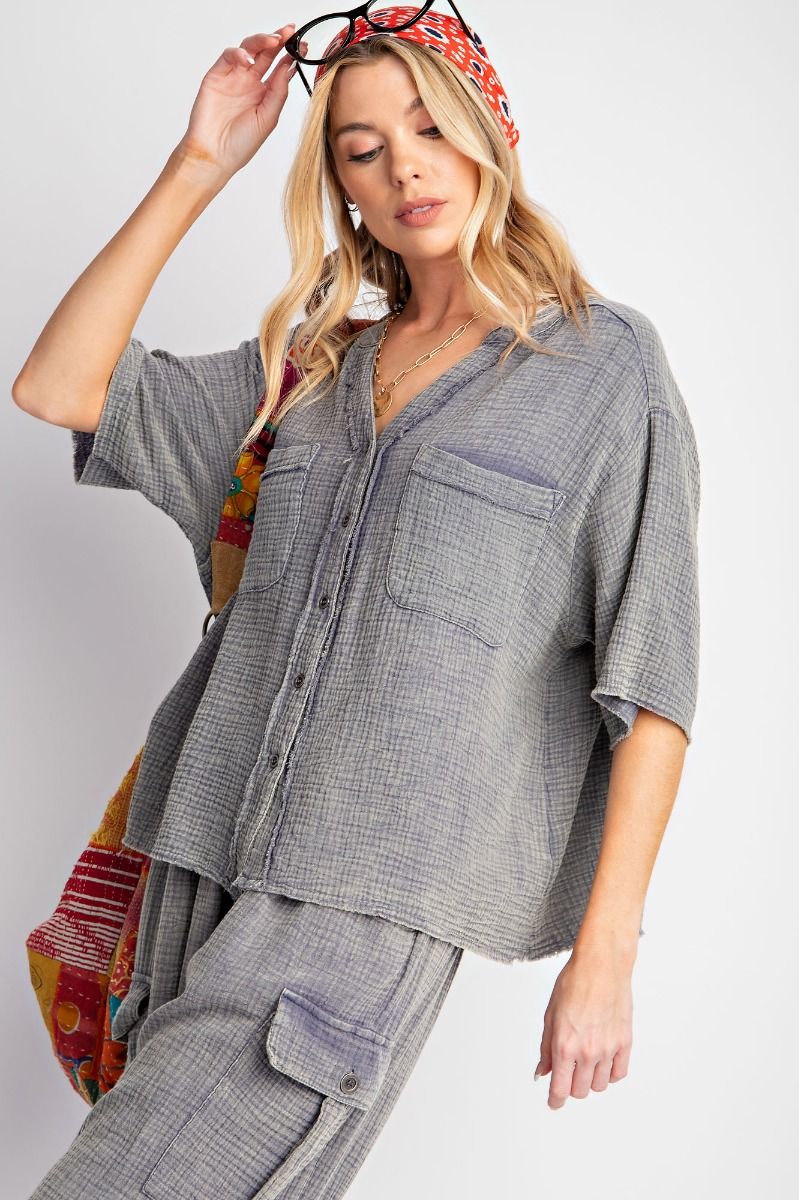 Easel Plus Mineral Washed Button Down Hi Low Hem Tops