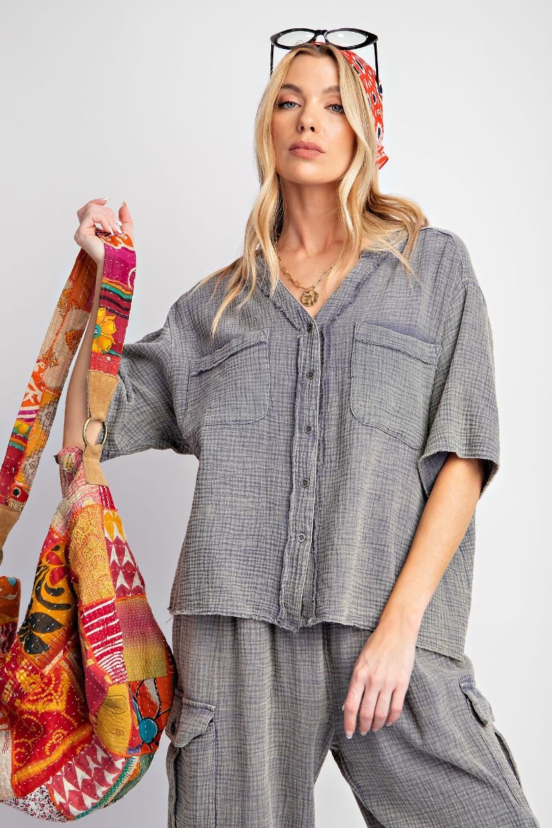 Easel Plus Mineral Washed Button Down Hi Low Hem Tops