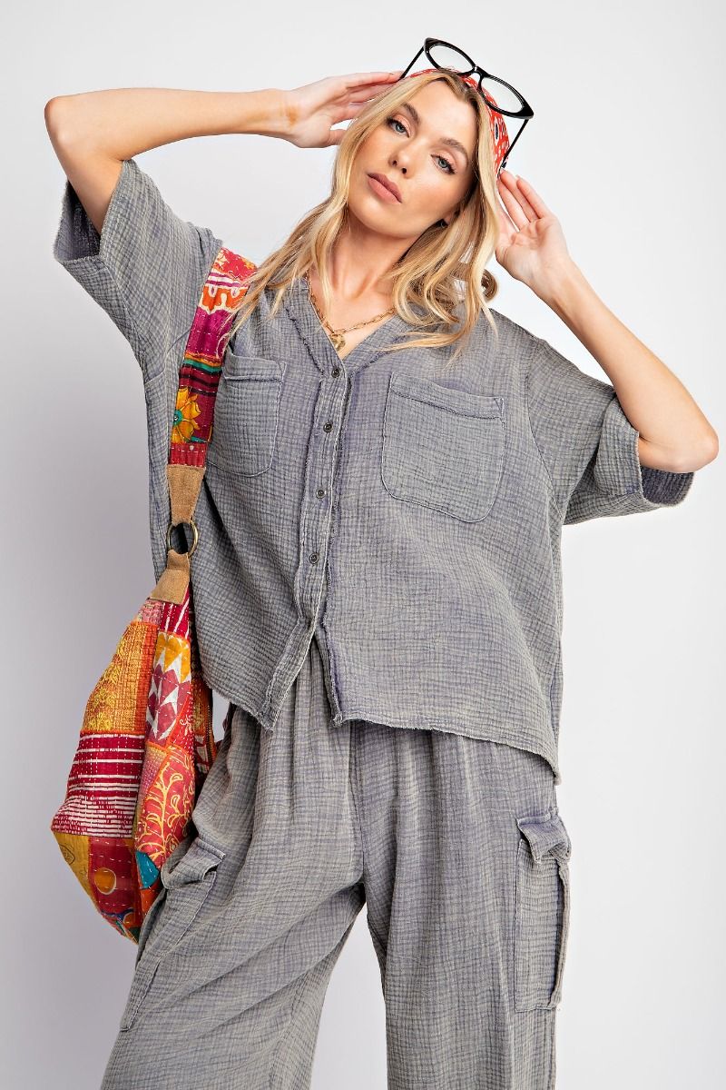 Easel Plus Mineral Washed Button Down Hi Low Hem Tops