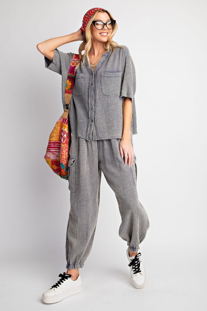 Easel Plus Mineral Washed Button Down Hi Low Hem Tops