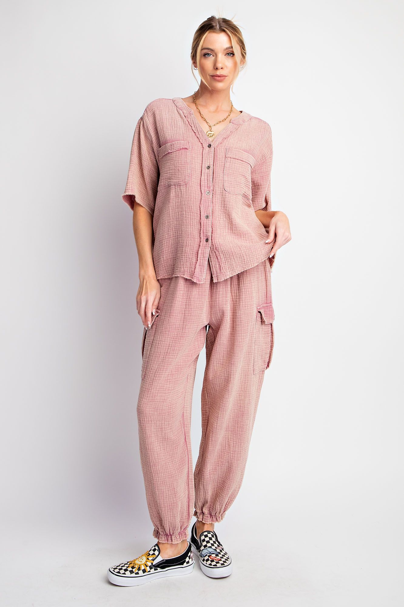 Easel Plus Mineral Washed Button Down Hi Low Hem Tops