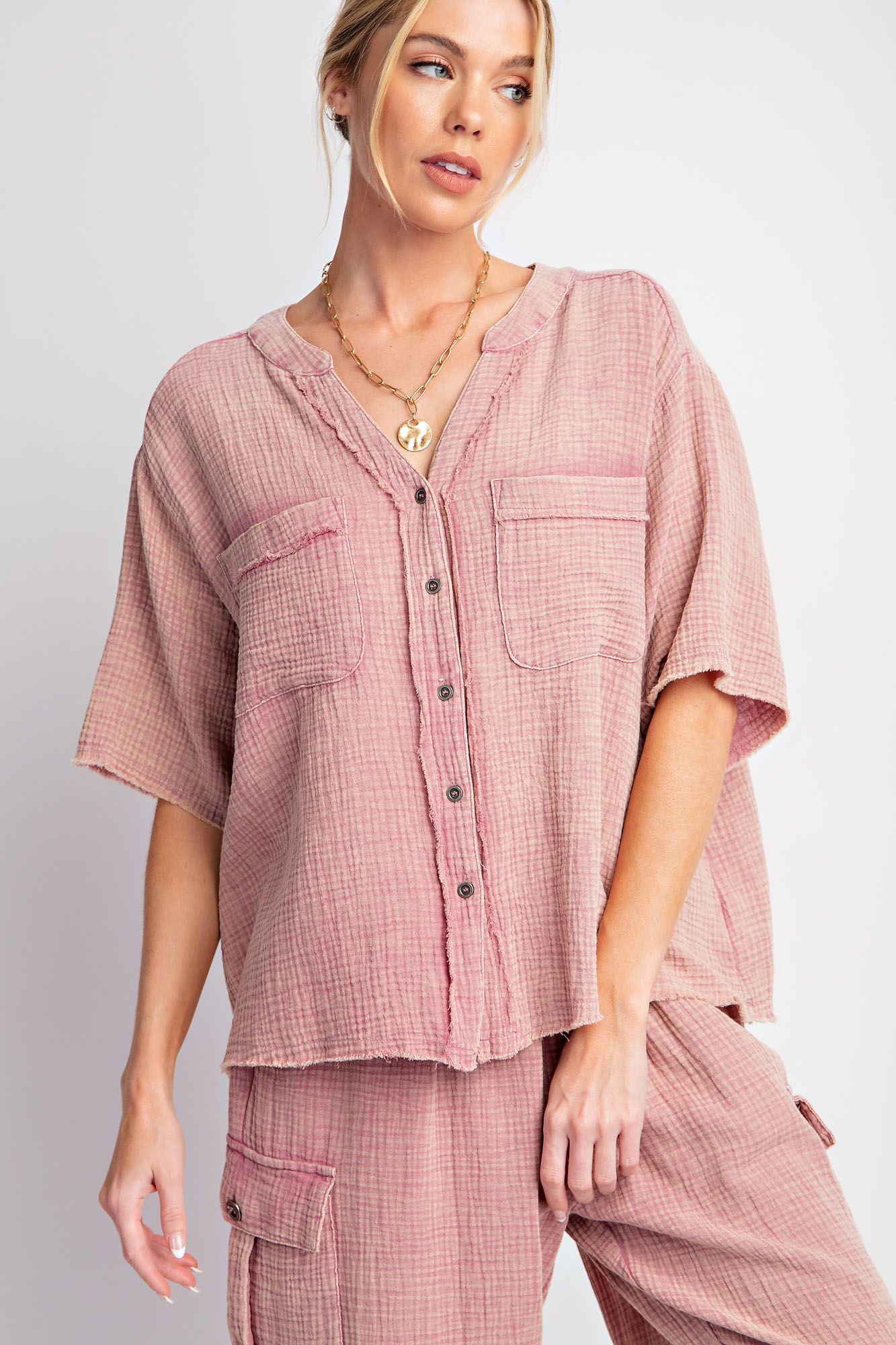 Easel Plus Mineral Washed Button Down Hi Low Hem Tops