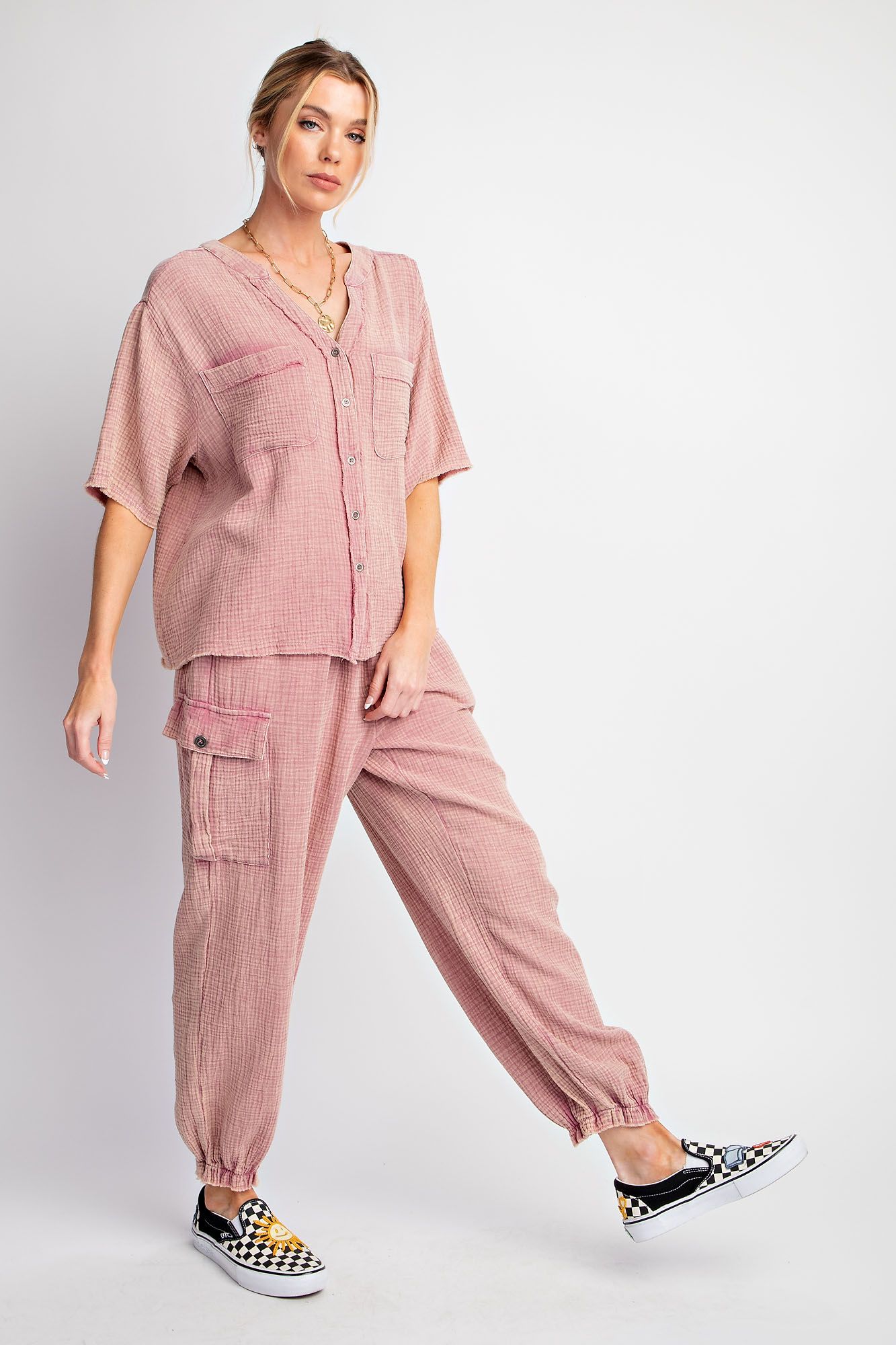 Easel Plus Mineral Washed Button Down Hi Low Hem Tops