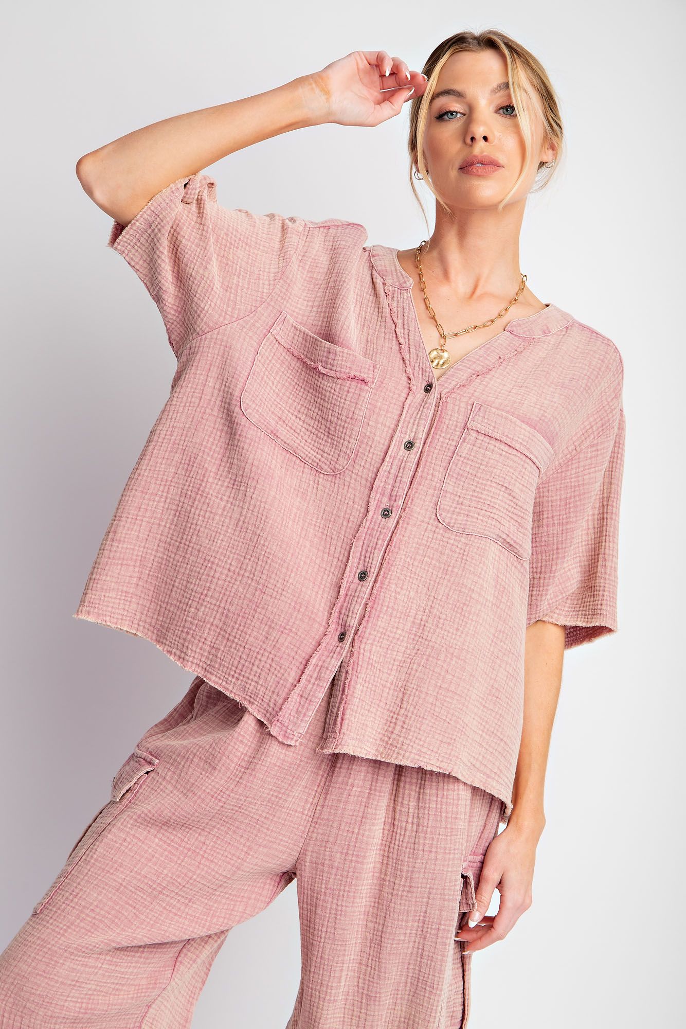 Easel Plus Mineral Washed Button Down Hi Low Hem Tops