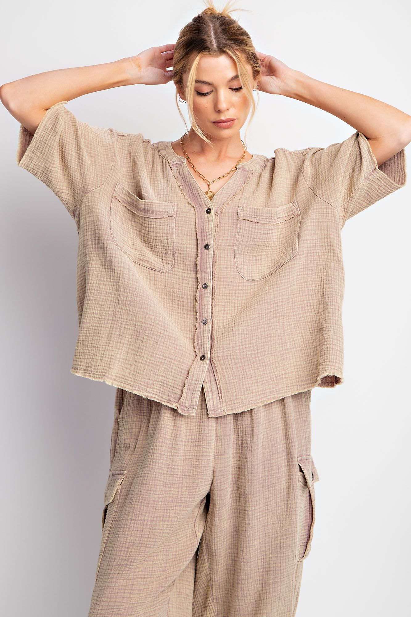 Easel Plus Mineral Washed Button Down Hi Low Hem Tops