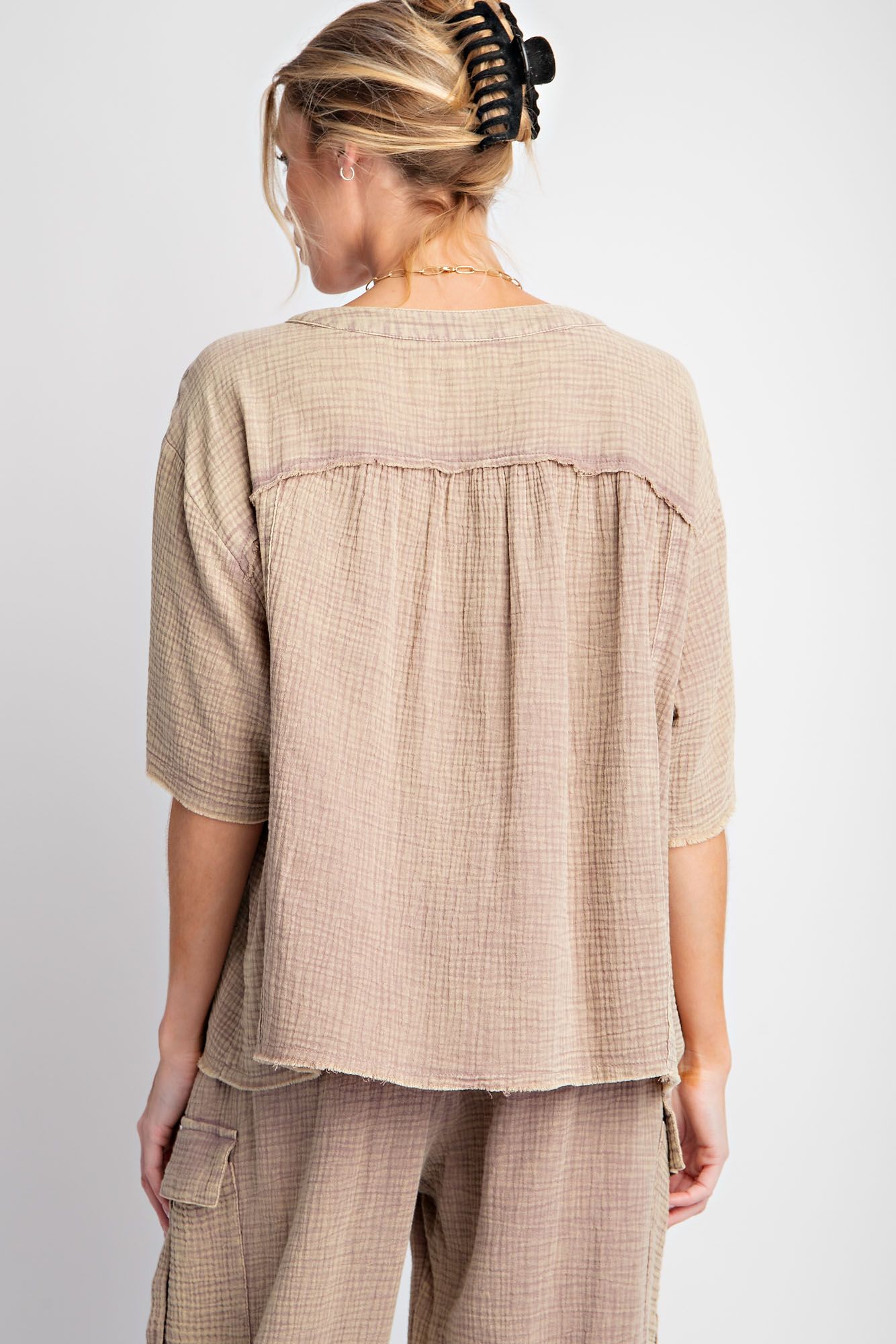 Easel Plus Mineral Washed Button Down Hi Low Hem Tops