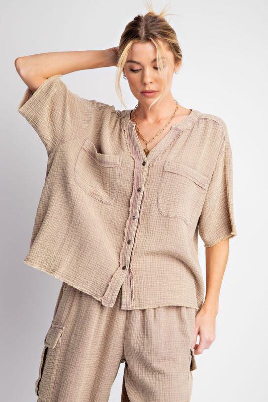 Easel Plus Mineral Washed Button Down Hi Low Hem Tops