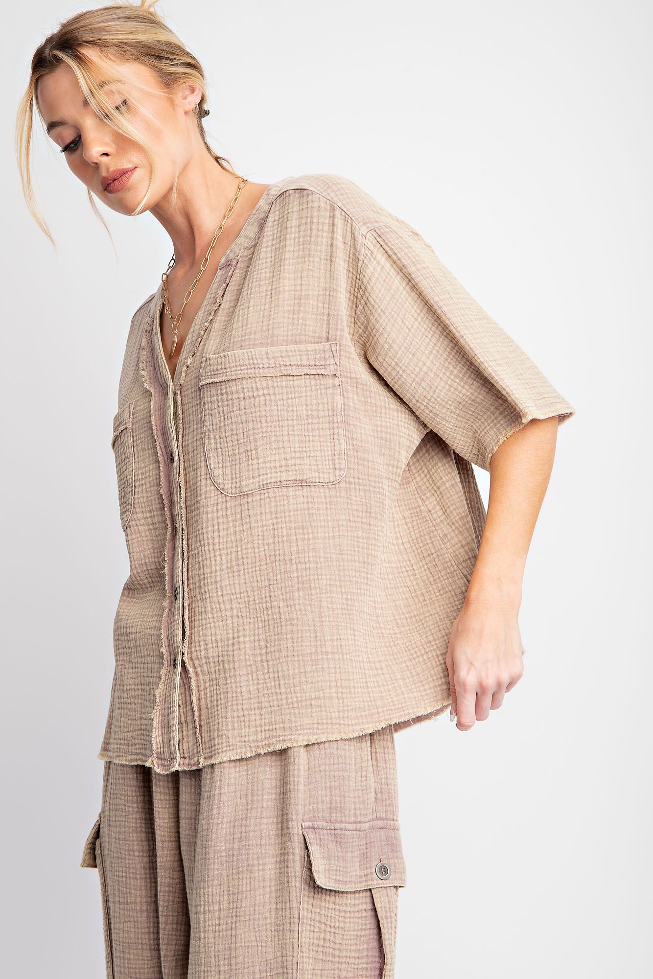 Easel Plus Mineral Washed Button Down Hi Low Hem Tops