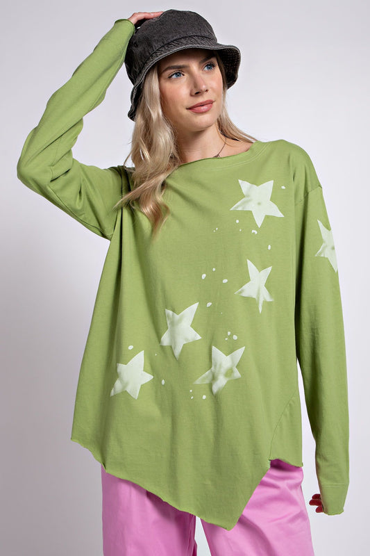 Easel Plus Star Printed Raw Edges Detail Cotton Tops