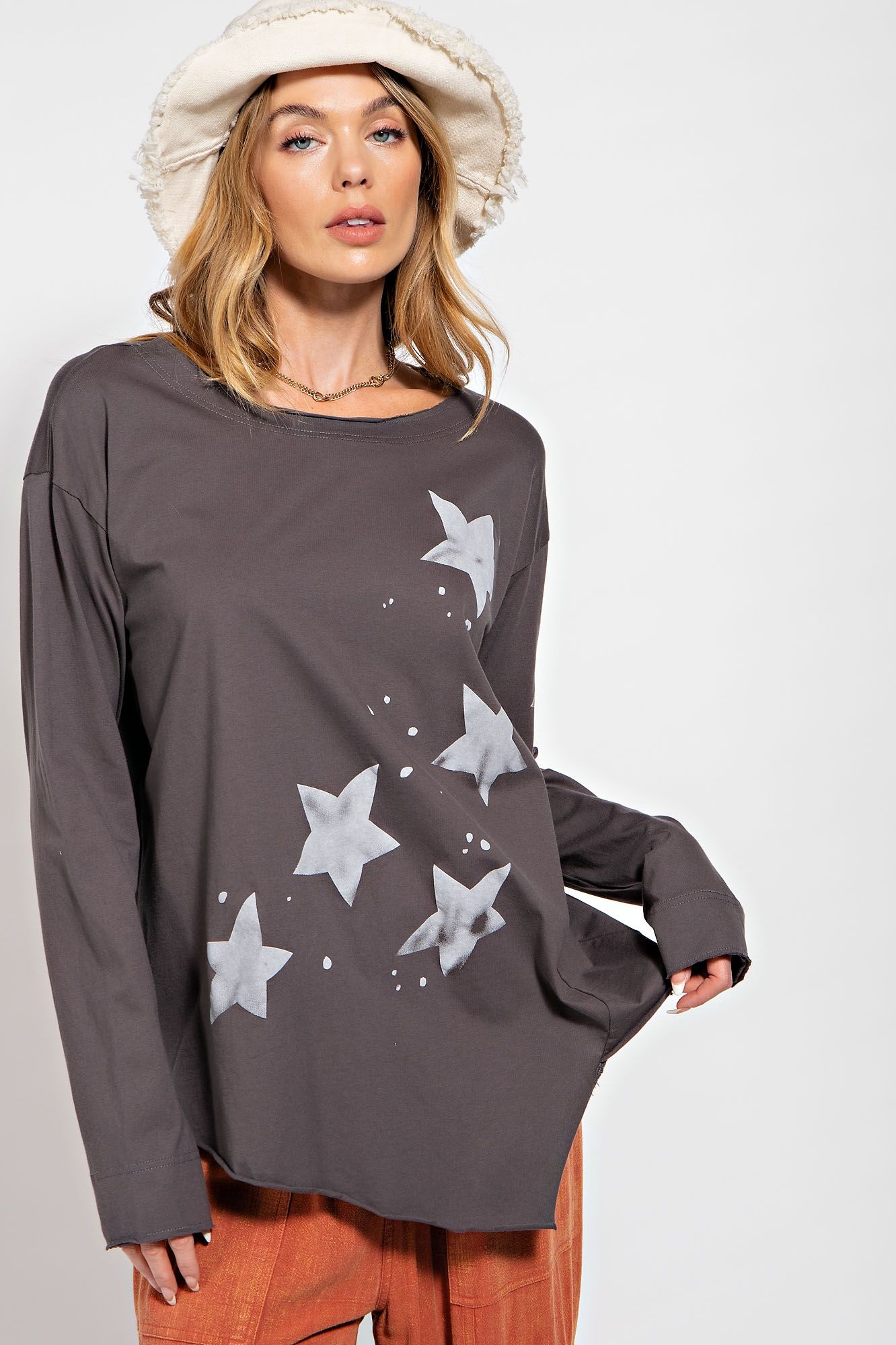Easel Plus Star Printed Raw Edges Detail Cotton Tops