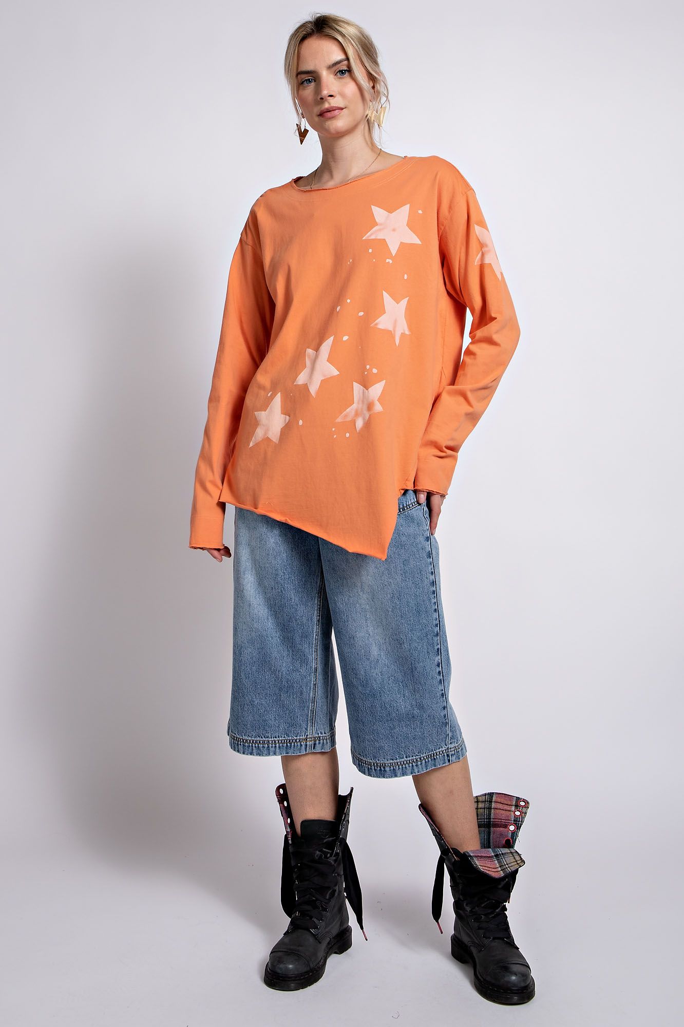 Easel Plus Star Printed Raw Edges Detail Cotton Tops