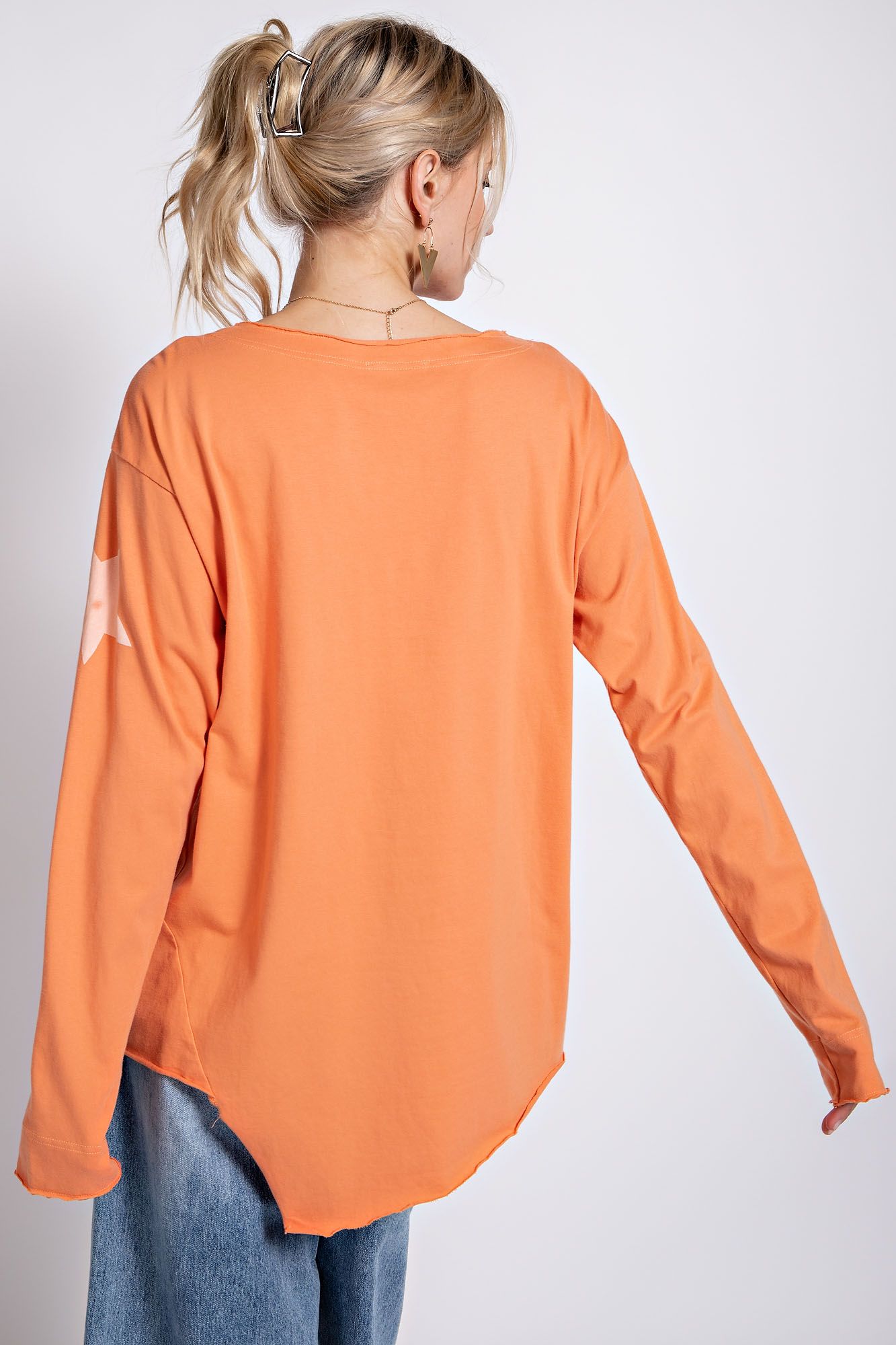 Easel Plus Star Printed Raw Edges Detail Cotton Tops