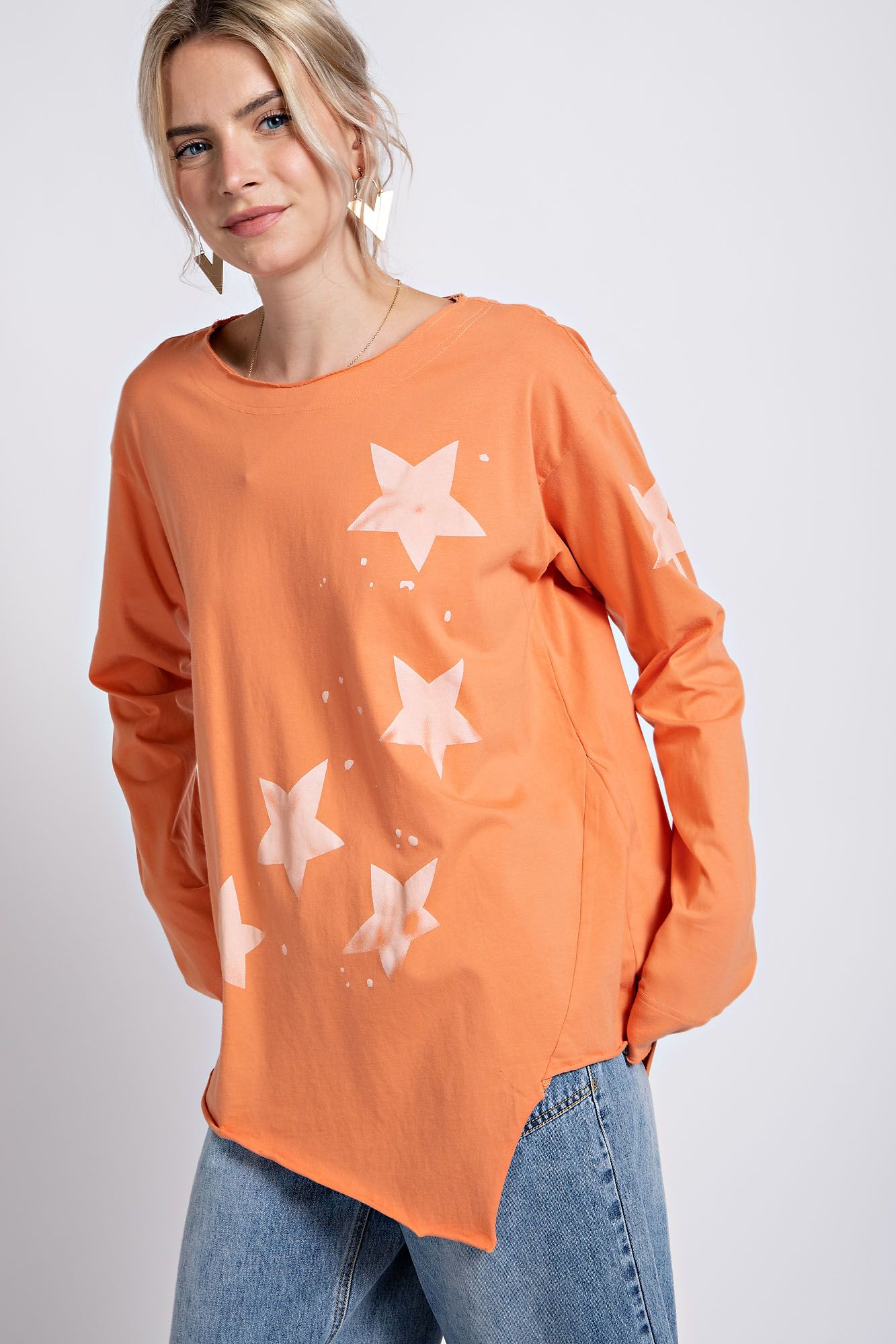 Easel Plus Star Printed Raw Edges Detail Cotton Tops