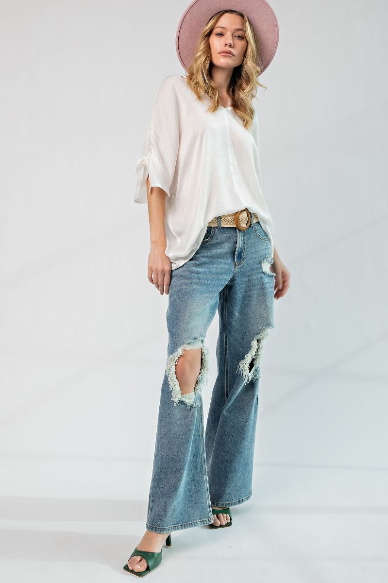 Easel Plus Dull Satin Deep Half Wing Sleeves V Neck Tops