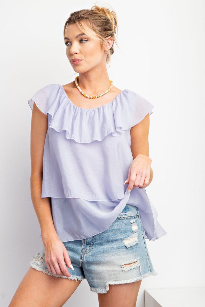 Easel Plus Silky Chiffon Ruffled U Neck Relaxed Tops