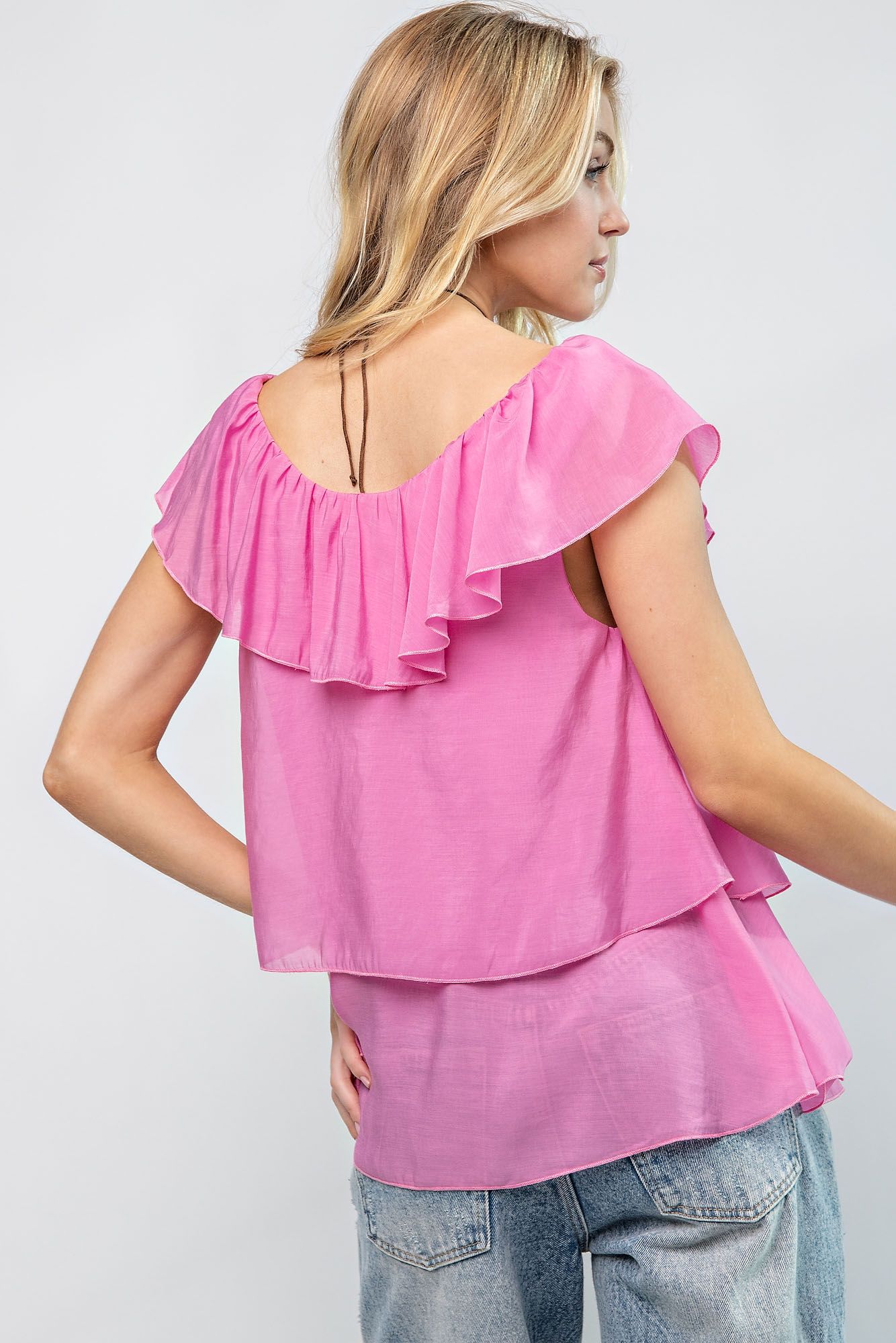 Easel Plus Silky Chiffon Ruffled U Neck Relaxed Tops