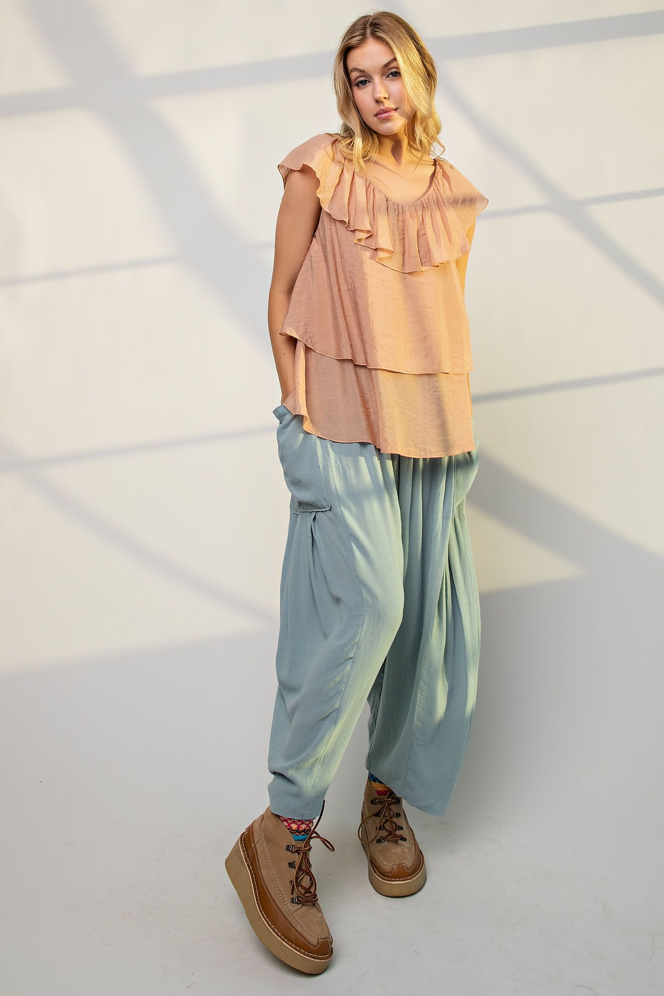 Easel Plus Silky Chiffon Ruffled U Neck Relaxed Tops