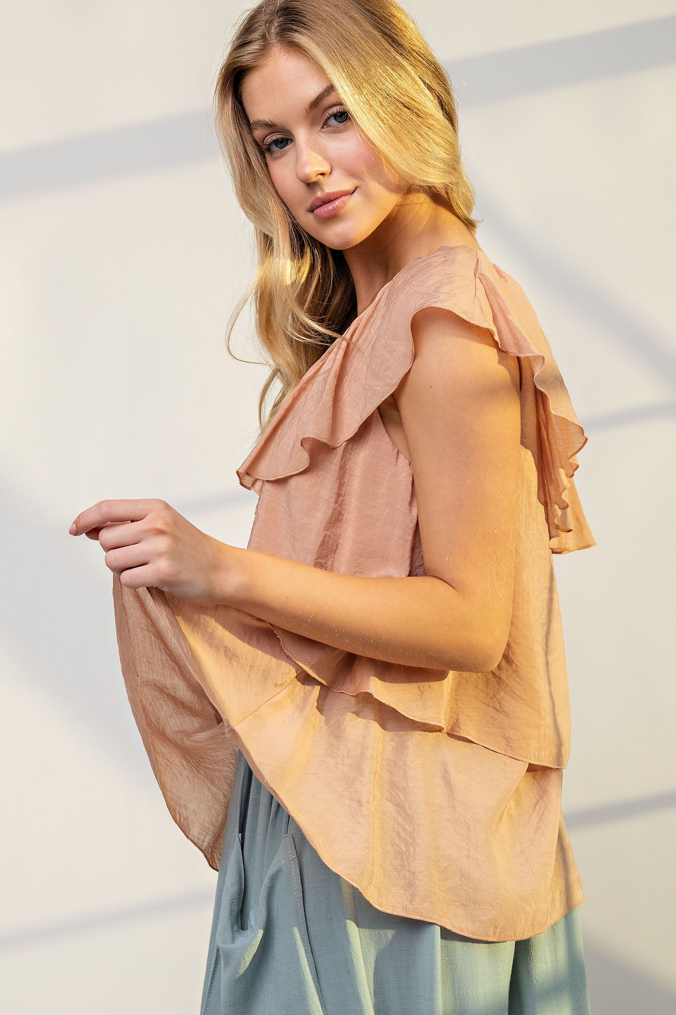 Easel Plus Silky Chiffon Ruffled U Neck Relaxed Tops