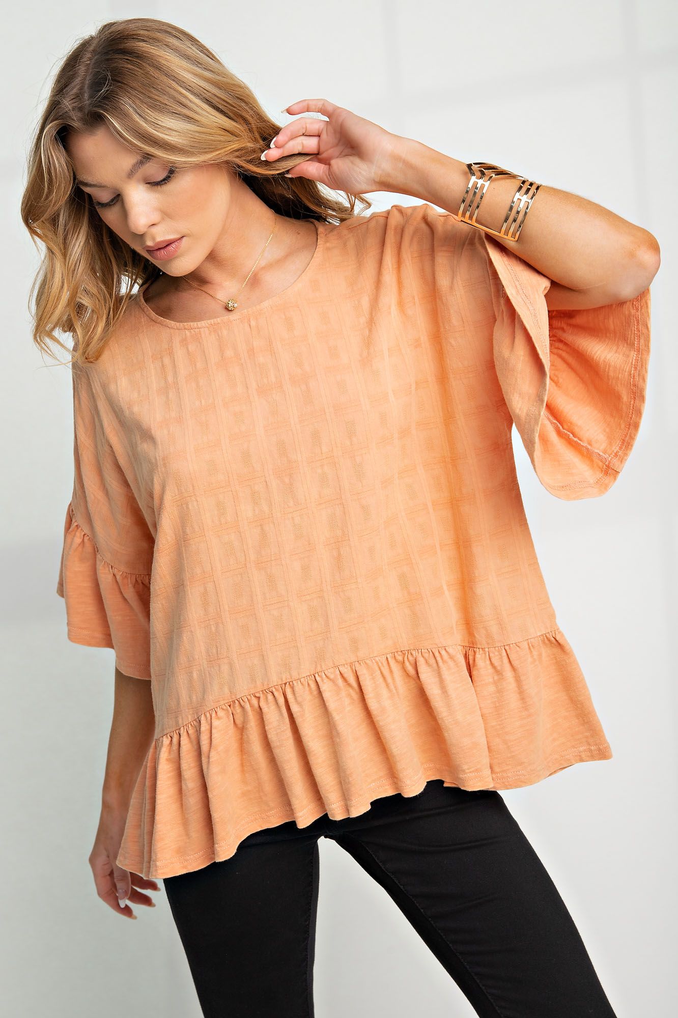 Easel Plus Mineral Washed Cotton Textured Ruffle Tops