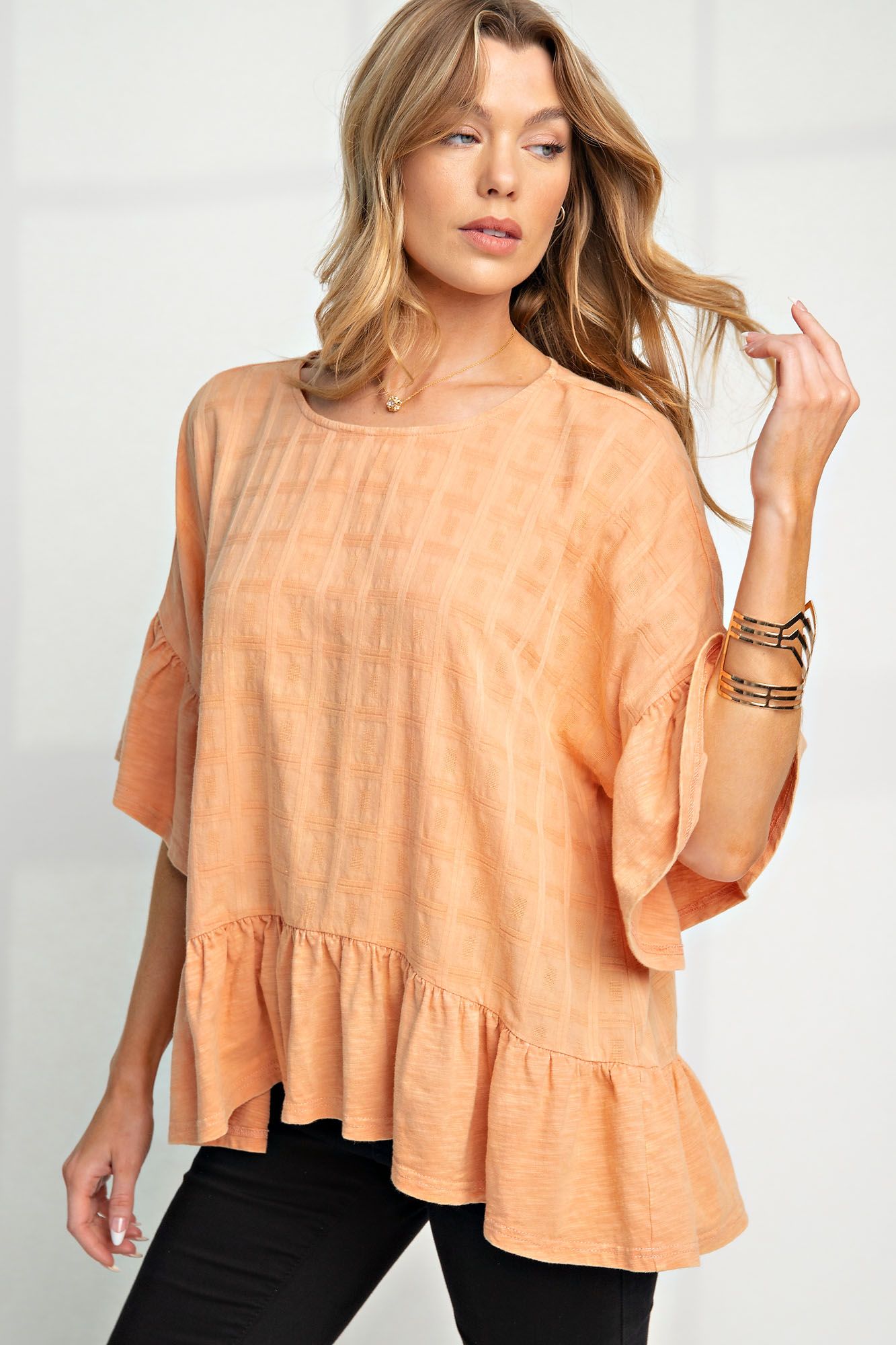 Easel Plus Mineral Washed Cotton Textured Ruffle Tops